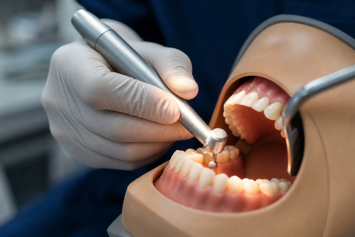 Dentist performing selective caries removal with a slow-speed round bur on a posterior tooth