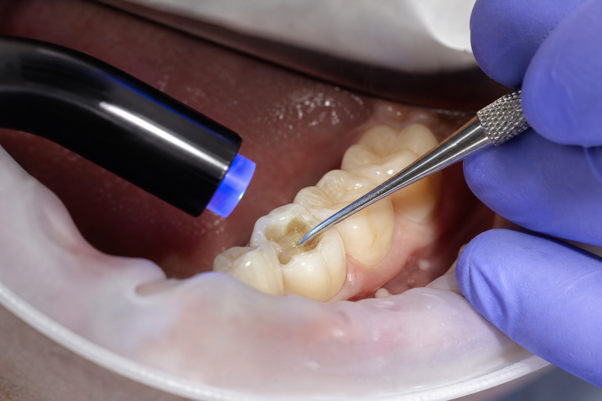 Dentist performing composite layering technique during a posterior restorative procedure
