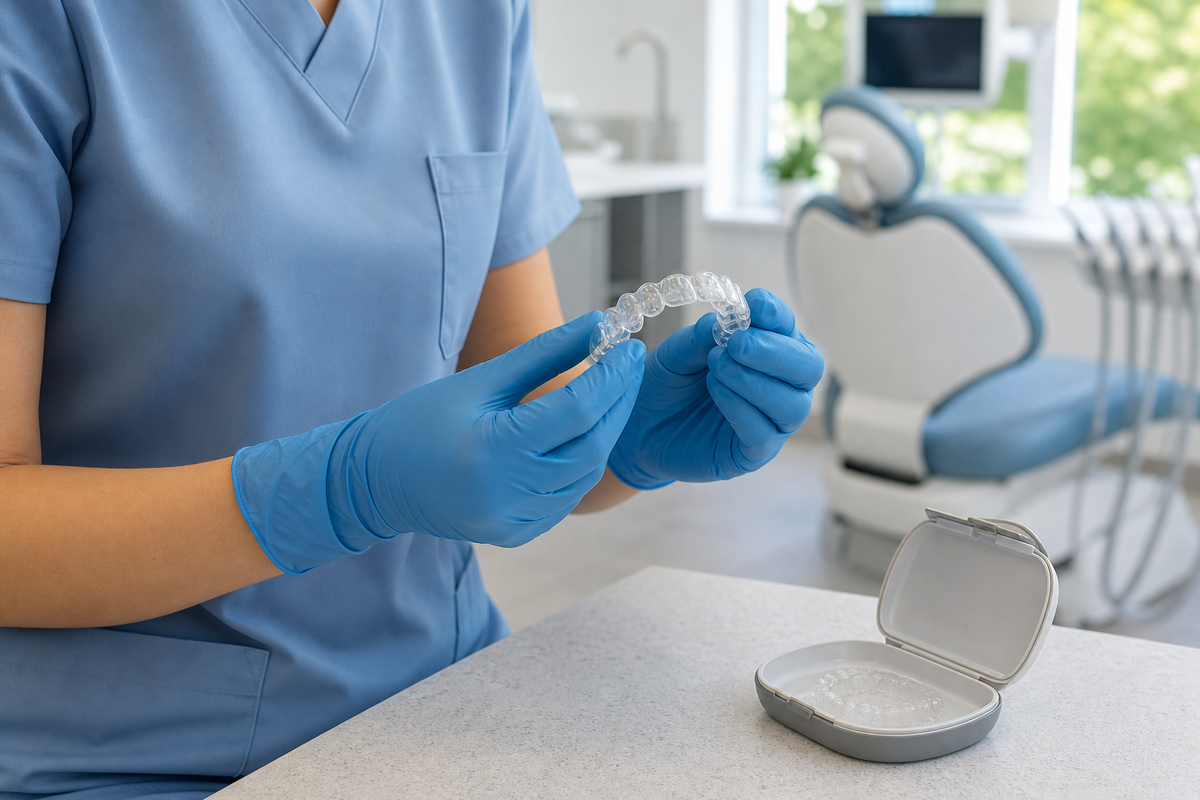 Dentist reviewing clear aligners with a patient during an in-person orthodontic consultation