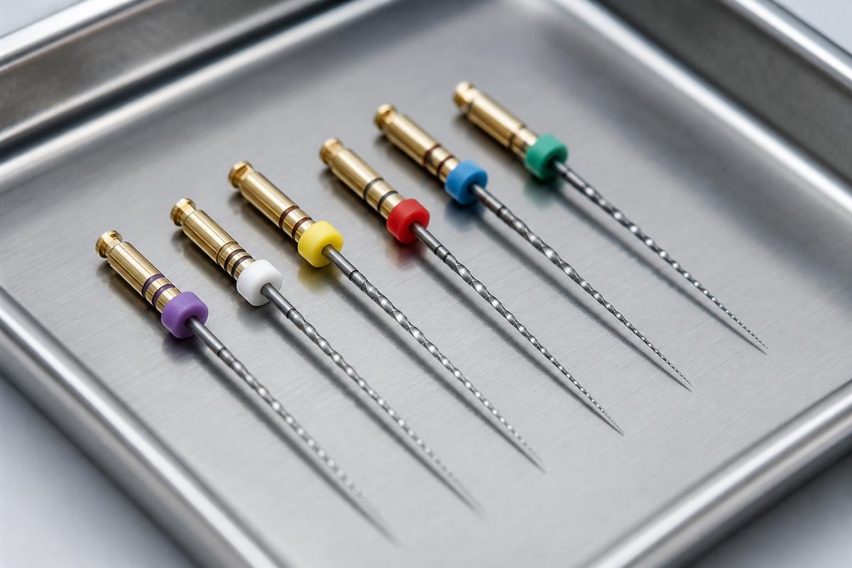 Close-up of NiTi rotary endodontic files arranged on a dental tray for root canal treatment