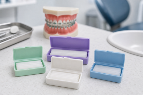 Box of mint dental wax strips next to orthodontic braces model showing patient comfort use