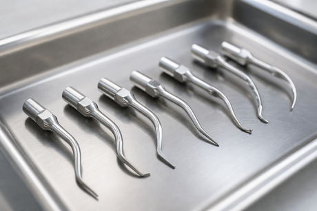 Close-up of ultrasonic scaler inserts with triple-bend and universal tips on a dental tray