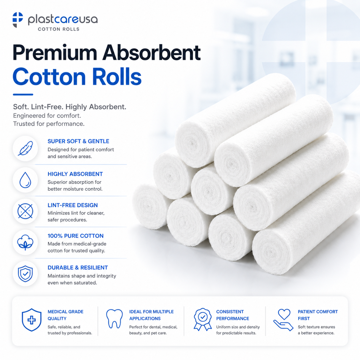 800 Plain Wrapped Cotton Rolls 1-1/2" x 3/8", (#2 Medium)