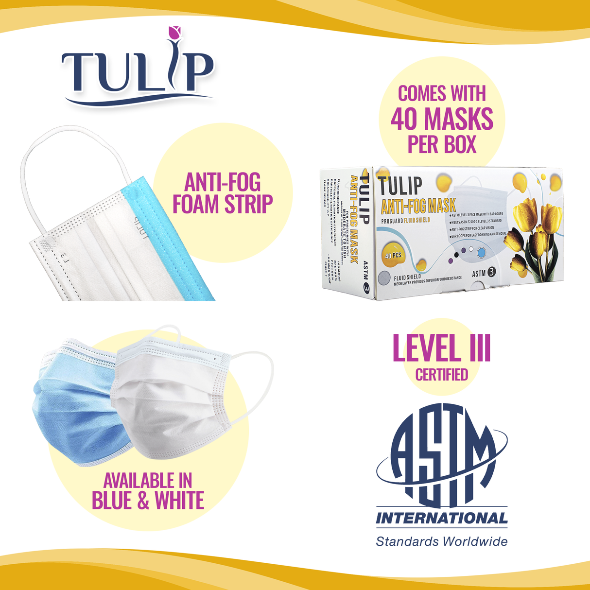 40 Blue Fluid Shield ASTM Level 3 Masks 4-Layer w/ Anti Fog Strip
