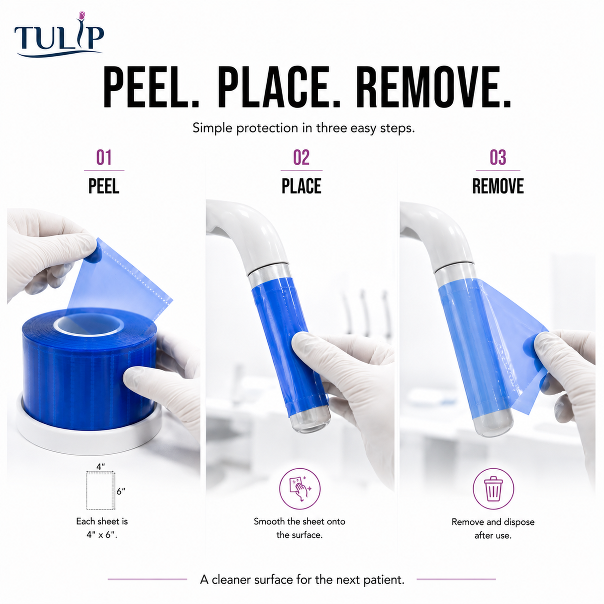 Tulip Blue Dental Barrier Film – 4" x 6" Self-Adhesive Sheets, 1,200/Box