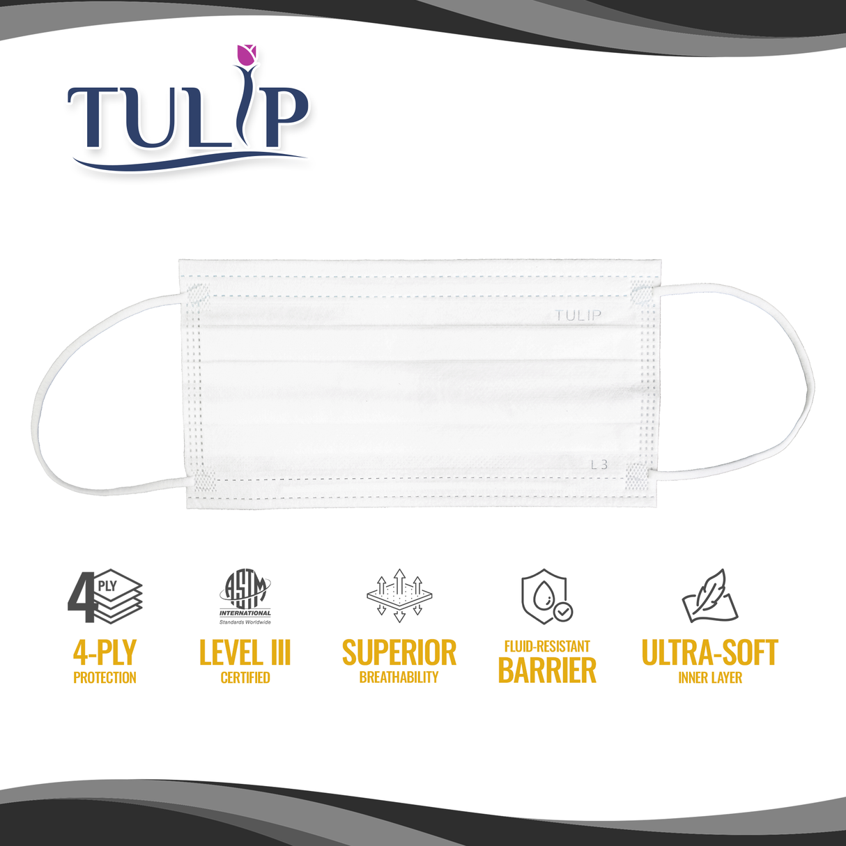 1000 TULIP 4-Ply ASTM Level 3 Black Surgical Masks (20 Boxes of 50) *Bulk Special*