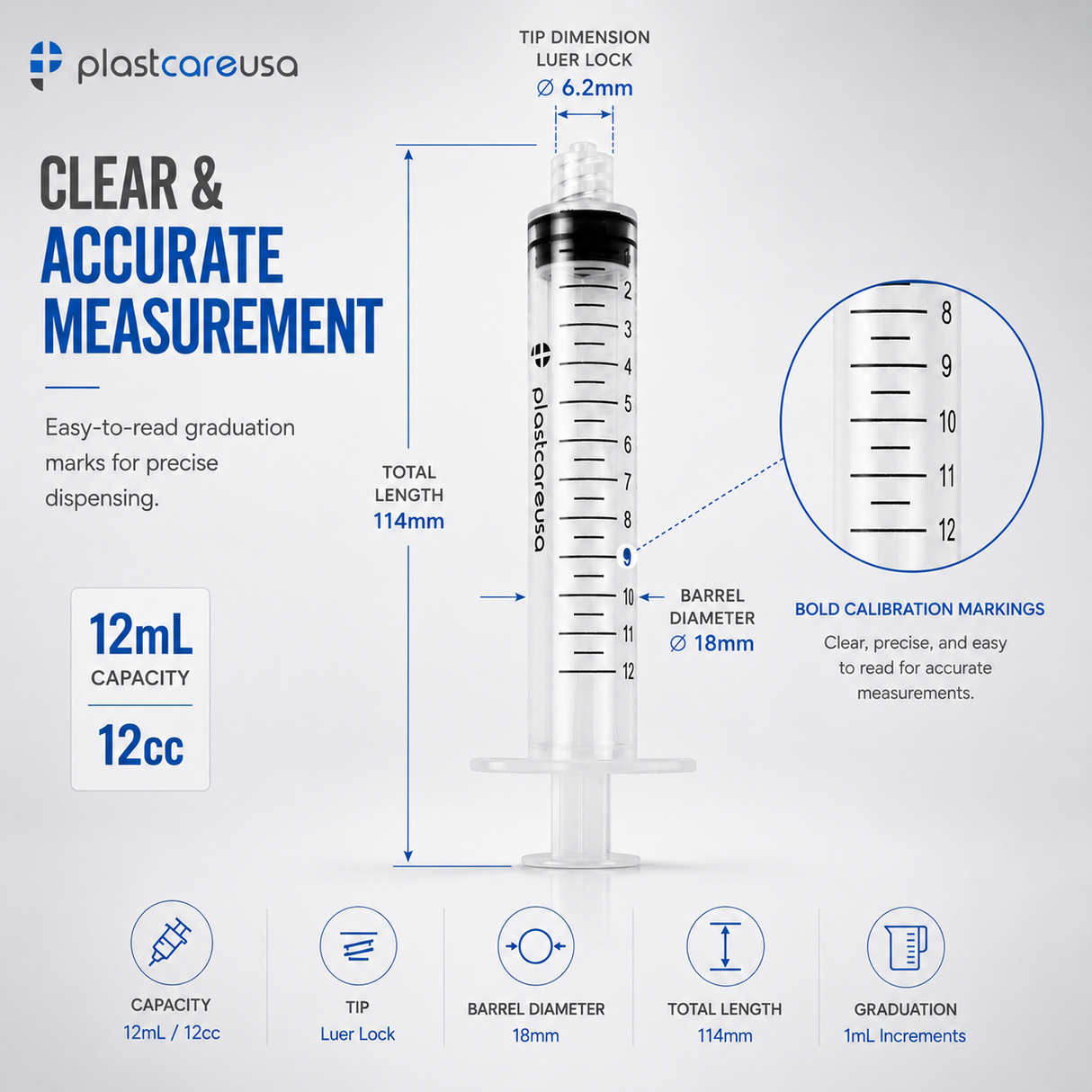 100 12ml (12cc) Luer Lock Disposable Syringes – Non-Sterile for Saline, Oral Medicine, and Precision Use