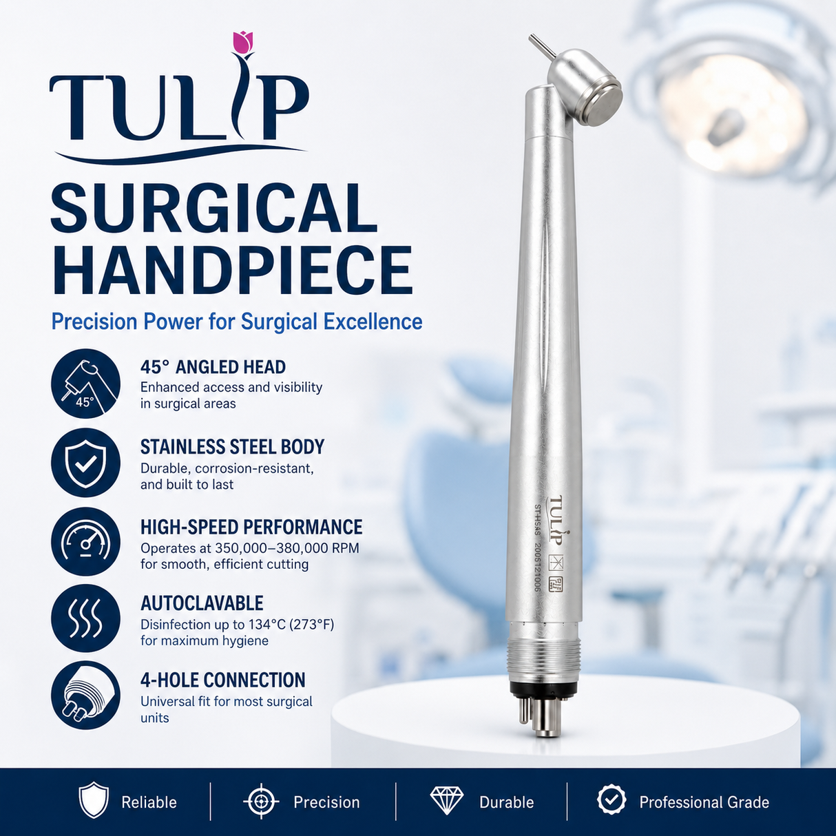 Tulip ST-HS45 Surgical High Speed Handpiece – 45° Push Button, 4-Hole, Stainless Steel, Autoclavable Dental Handpiece