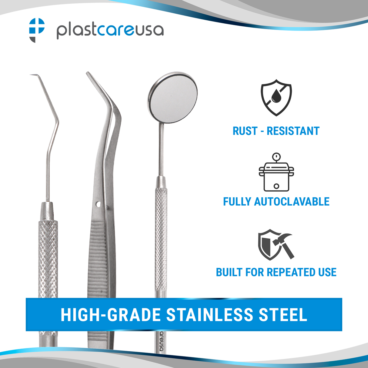 3-Piece Dental Examination Kit – Mirror No. 5, TU 17/23 Explorer & Meriam Pliers (Autoclavable Stainless Steel)