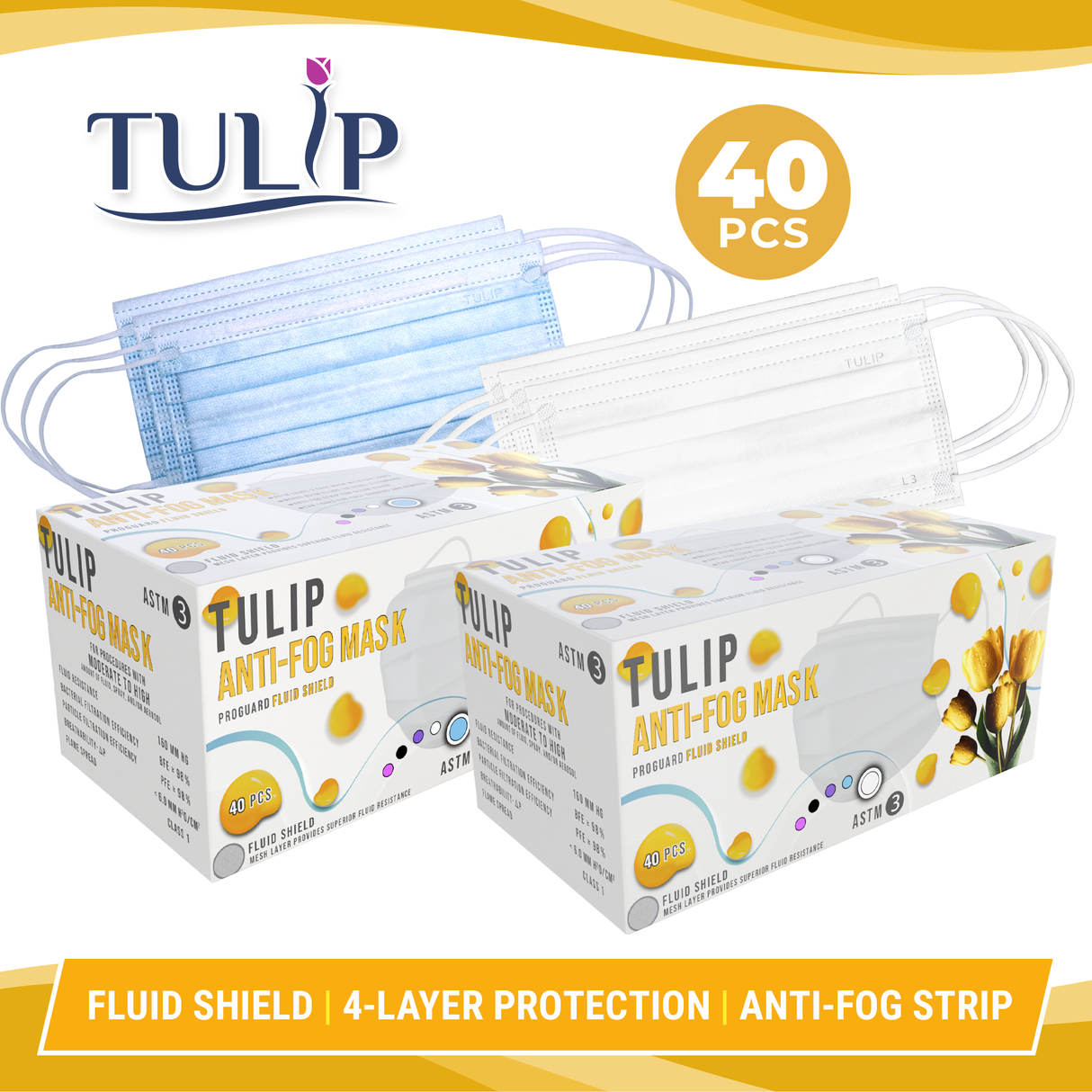 40 Blue Fluid Shield ASTM Level 3 Masks 4-Layer w/ Anti Fog Strip