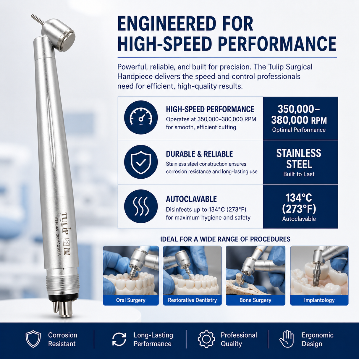 Tulip ST-HS45 Surgical High Speed Handpiece – 45° Push Button, 4-Hole, Stainless Steel, Autoclavable Dental Handpiece