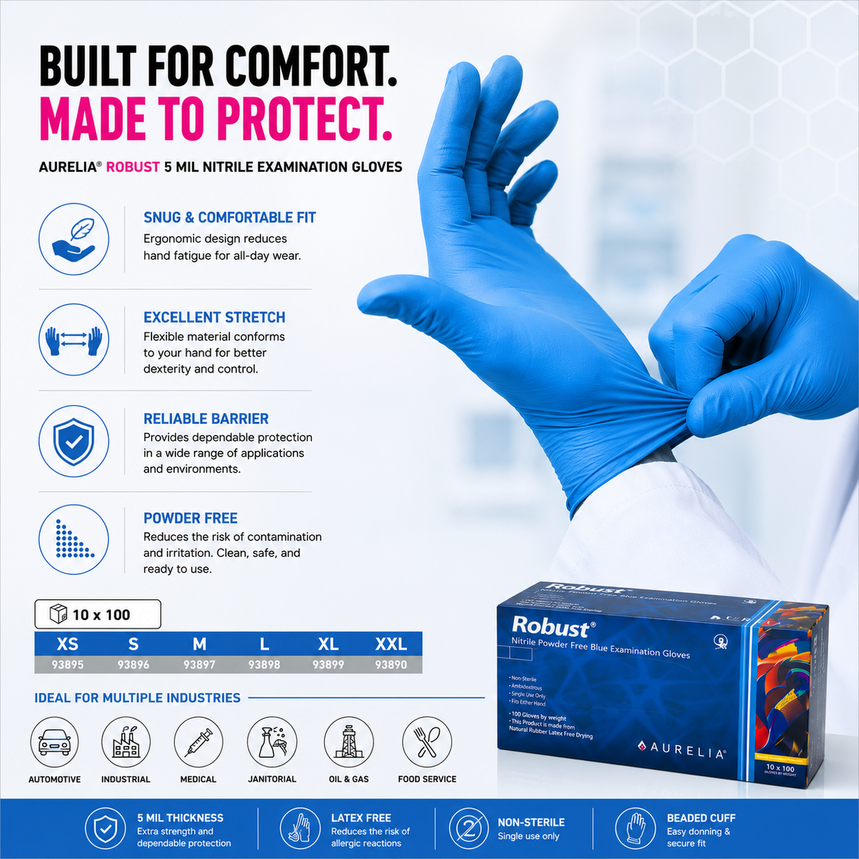 1000 Large 5 mil Aurelia Robust Blue Nitrile Powder Free Examination Gloves