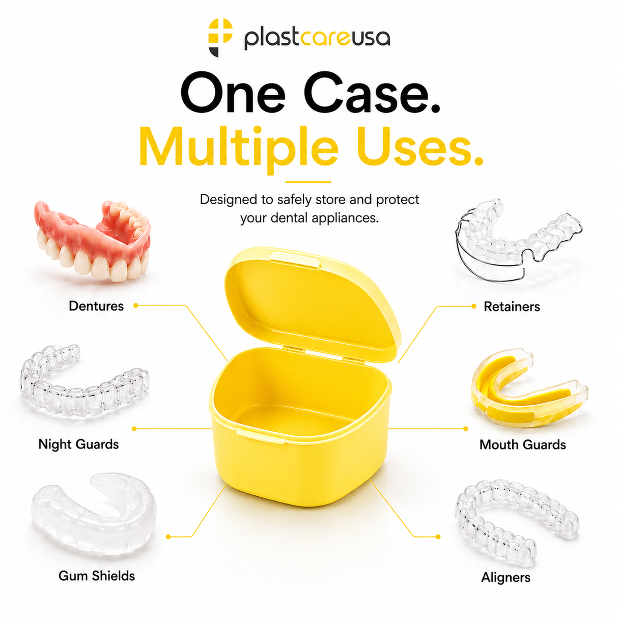 Yellow 40 Pack Bulk Denture Case Bath Holders for Retainers Teeth Guards (Individually Sealed)