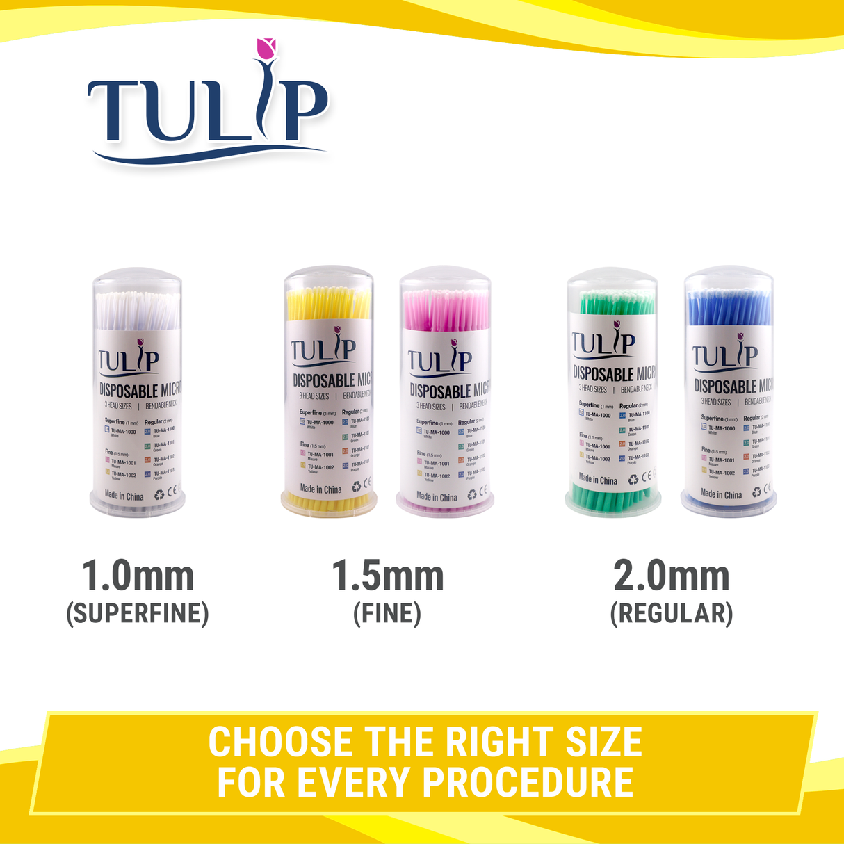 TULIP Fine Micro Applicator Brushes – Yellow (1.5mm) | (4 kegs of 100) (400 Total)