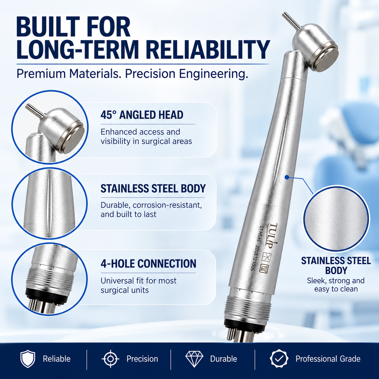Tulip ST-HS45 Surgical High Speed Handpiece – 45° Push Button, 4-Hole, Stainless Steel, Autoclavable Dental Handpiece
