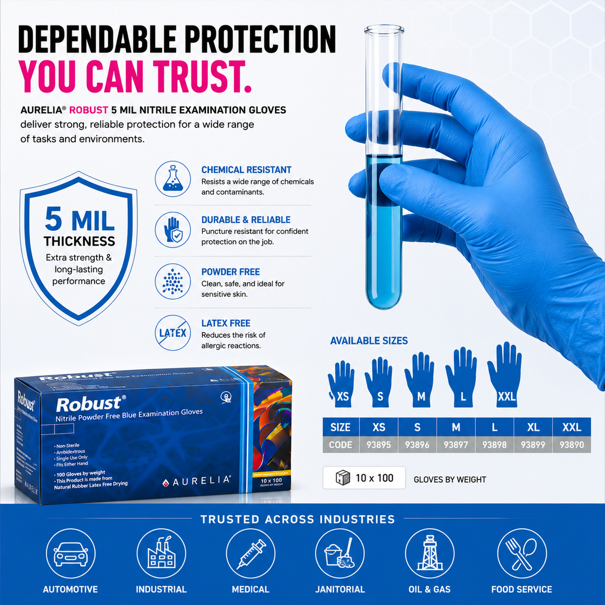 1000 XL Extra Large 5 mil Aurelia Robust Blue Nitrile Powder Free Examination Gloves