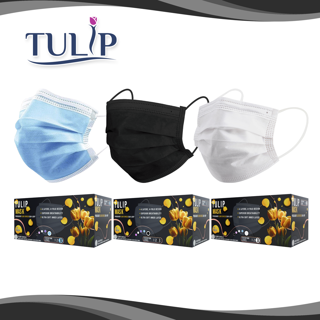 1000 TULIP 4-Ply ASTM Level 3 Black Surgical Masks (20 Boxes of 50) *Bulk Special*