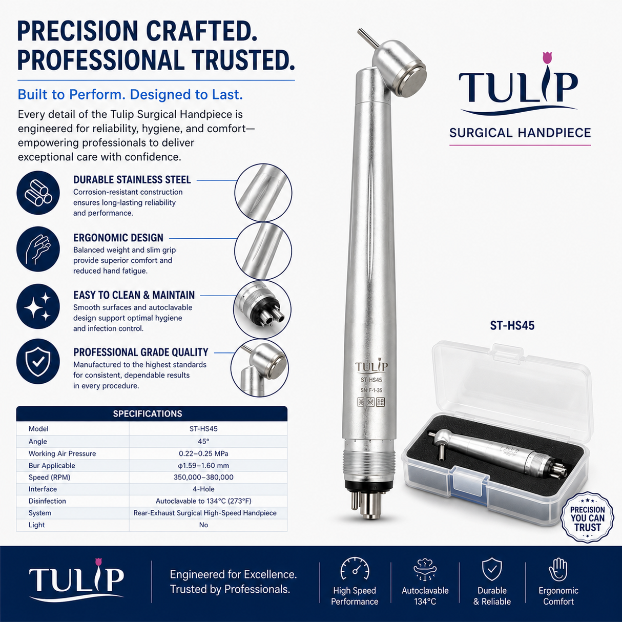 Tulip ST-HS45 Surgical High Speed Handpiece – 45° Push Button, 4-Hole, Stainless Steel, Autoclavable Dental Handpiece
