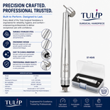 Tulip ST-HS45 Surgical High Speed Handpiece – 45° Push Button, 4-Hole, Stainless Steel, Autoclavable Dental Handpiece
