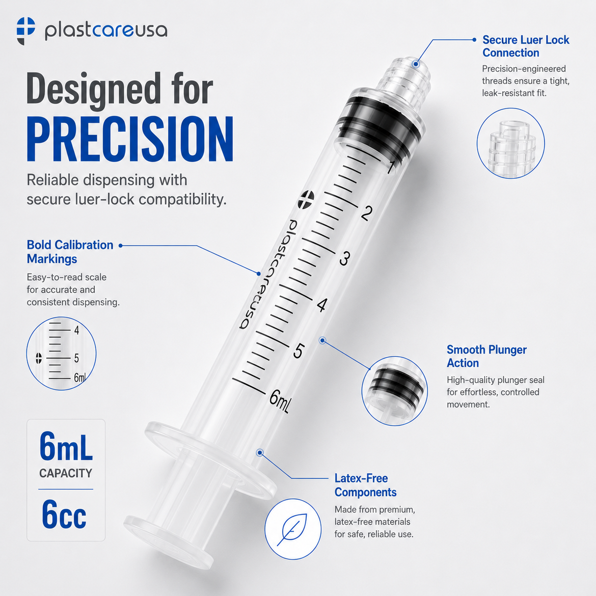 100 6ml (6cc) Luer Lock Disposable Syringes – Non-Sterile for Saline, Oral Medicine, and Precision Use