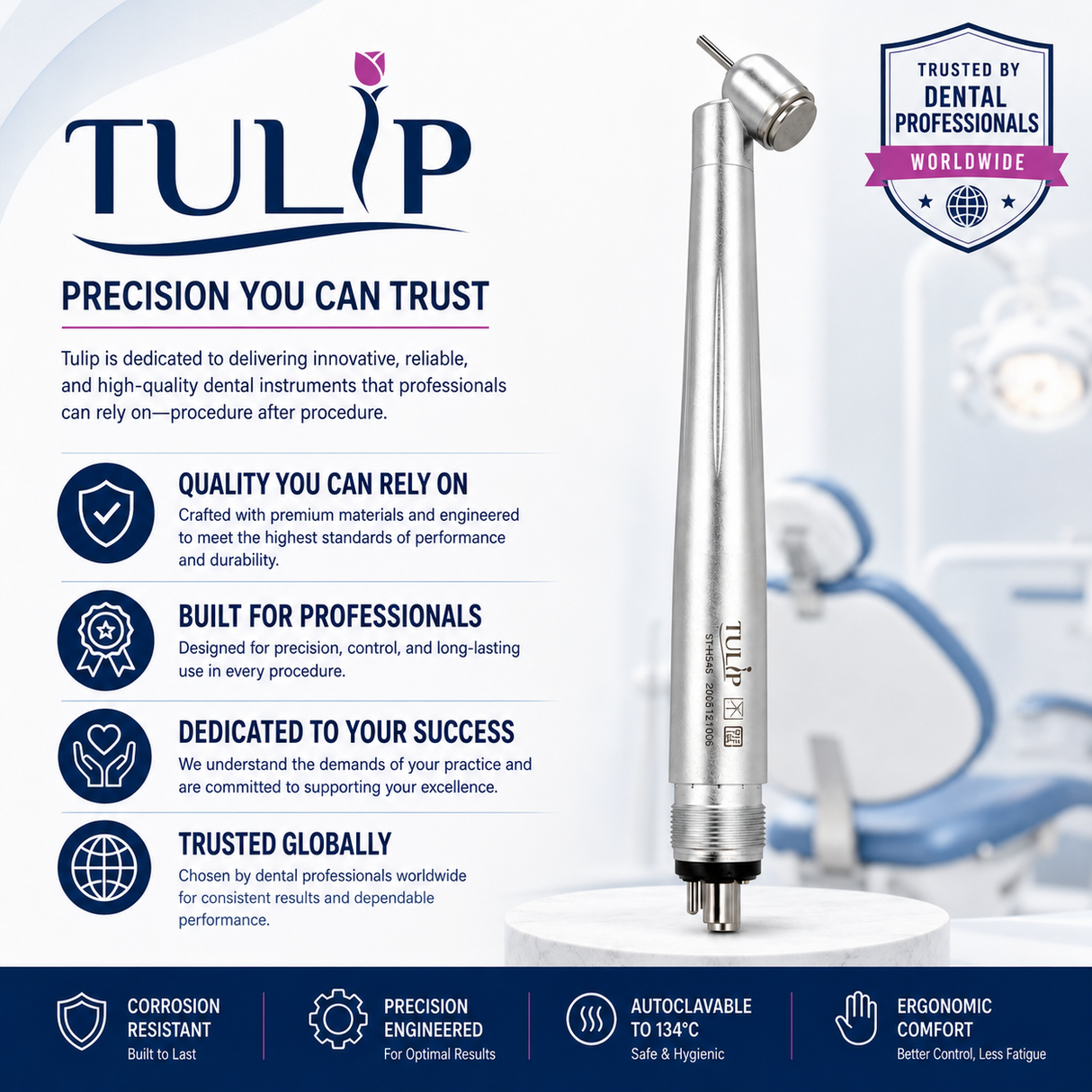 Tulip ST-HS45 Surgical High Speed Handpiece – 45° Push Button, 4-Hole, Stainless Steel, Autoclavable Dental Handpiece