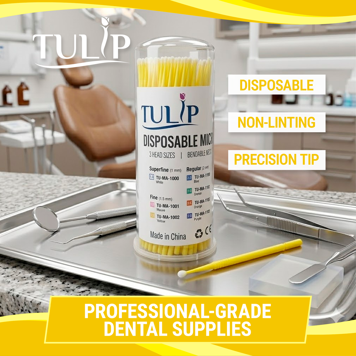 TULIP Fine Micro Applicator Brushes – Yellow (1.5mm) | (4 kegs of 100) (400 Total)