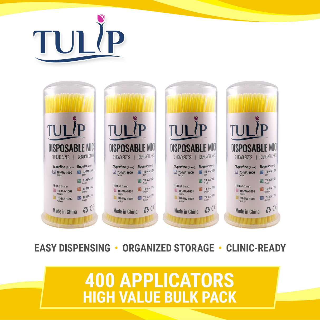 TULIP Fine Micro Applicator Brushes – Yellow (1.5mm) | (4 kegs of 100) (400 Total)