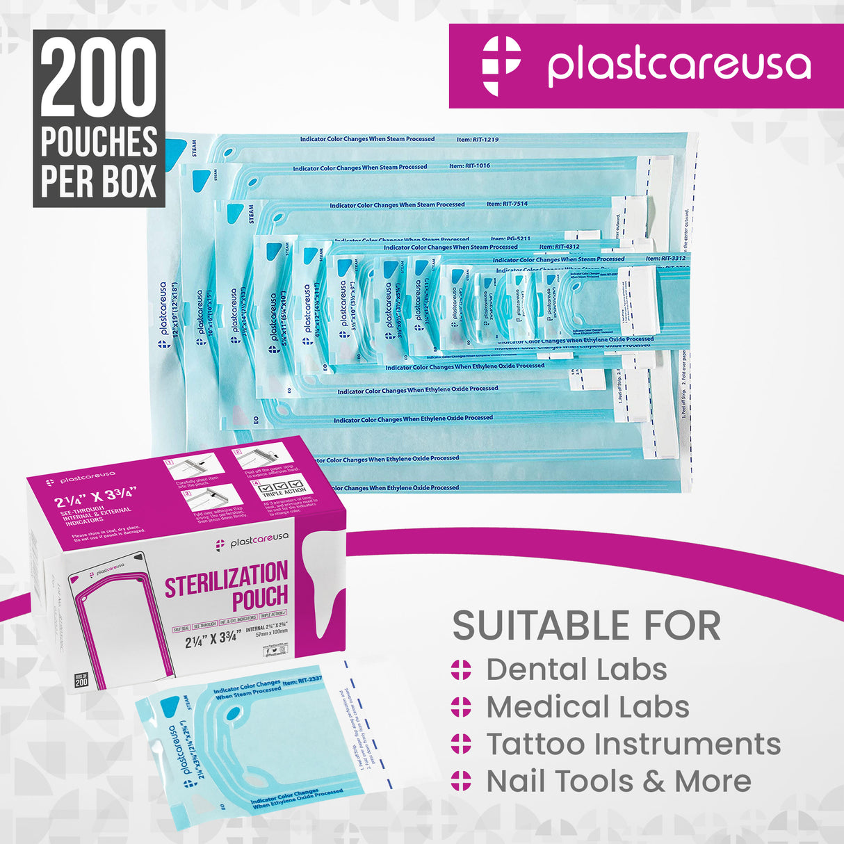Worn Box-New 1000 2.25" x 2.75" Self-Sealing Sterilization Pouches by PlastCare USA (Warehouse Deal)