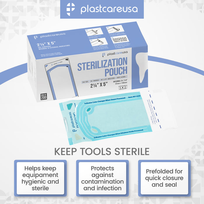 Worn Box-New 2000 2.25" x 4" Self-Sealing Sterilization Pouches by PlastCare USA (Warehouse Deal) - My DDS Supply
