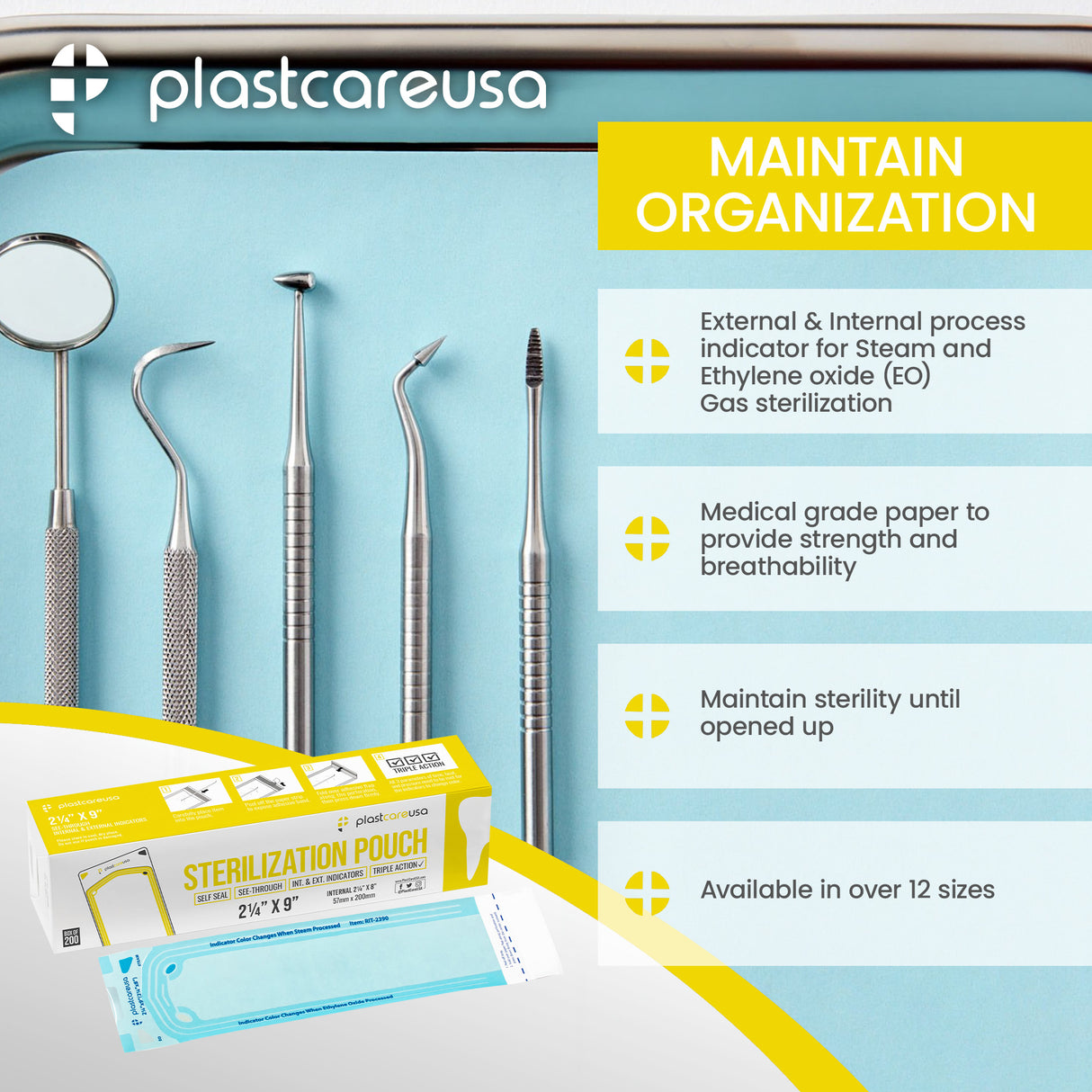 Worn Box-New 1000 2.25" x 9" Self-Sealing Sterilization Pouches by PlastCare USA