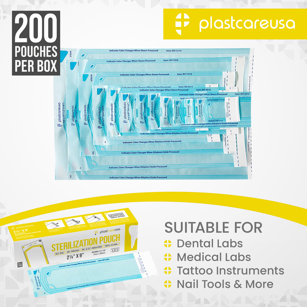 Worn Box-New 1000 2.25" x 9" Self-Sealing Sterilization Pouches by PlastCare USA