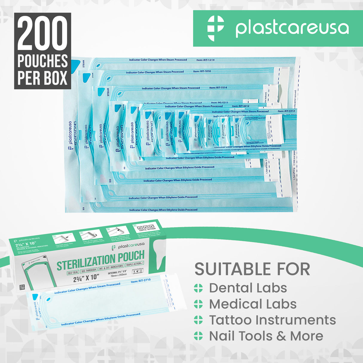 Worn Box-New 1000 2.75" x 10" Self-Sealing Sterilization Pouches by PlastCare USA