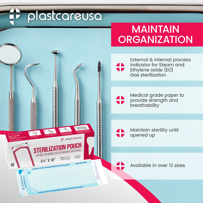 Worn Box-New 1000 3.5" x 10" Self-Sealing Sterilization Pouches by PlastCare USA (Warehouse Deal) - My DDS Supply