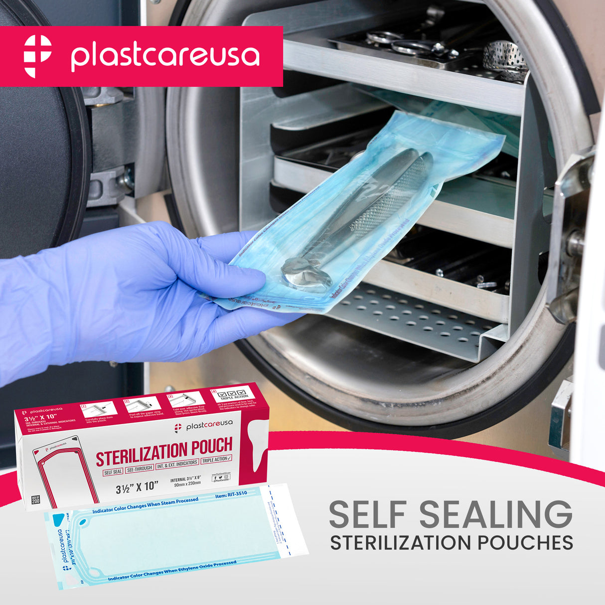 Worn Box-New 1000 3.5" x 10" Self-Sealing Sterilization Pouches by PlastCare USA (Warehouse Deal) - My DDS Supply