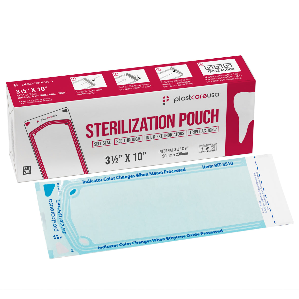 Worn Box-New 1000 3.5" x 10" Self-Sealing Sterilization Pouches by PlastCare USA (Warehouse Deal) - My DDS Supply