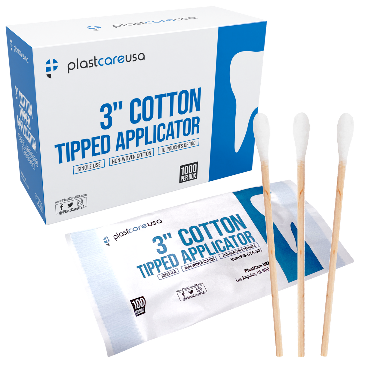 3" Cotton Tip Applicators by PlastCare USA - Box of 1000 (10 Packs of 100)