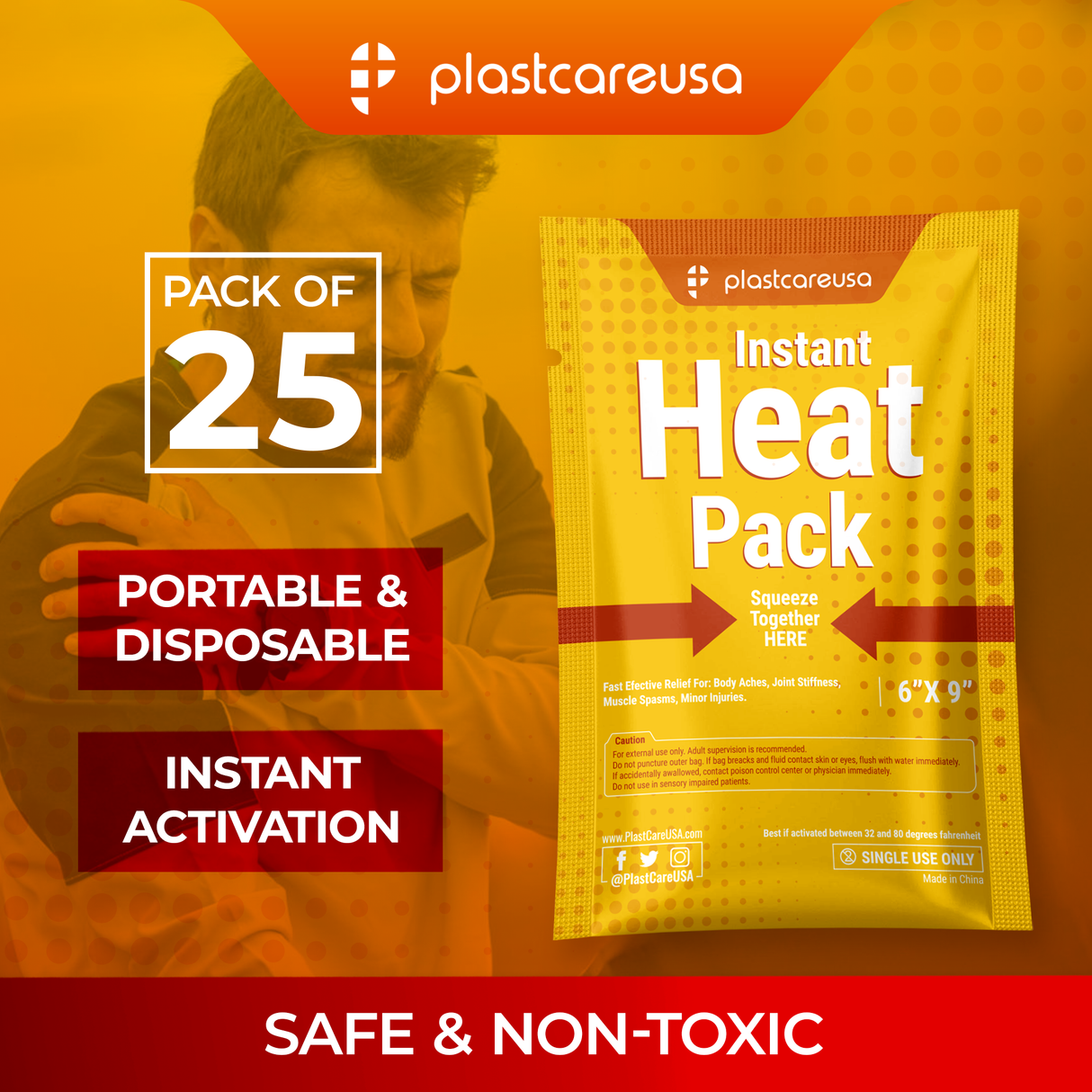 6" x 9" Instant Heat Packs for Pain Relief, Muscles, Sprains (Case of 25 Disposable Packs)