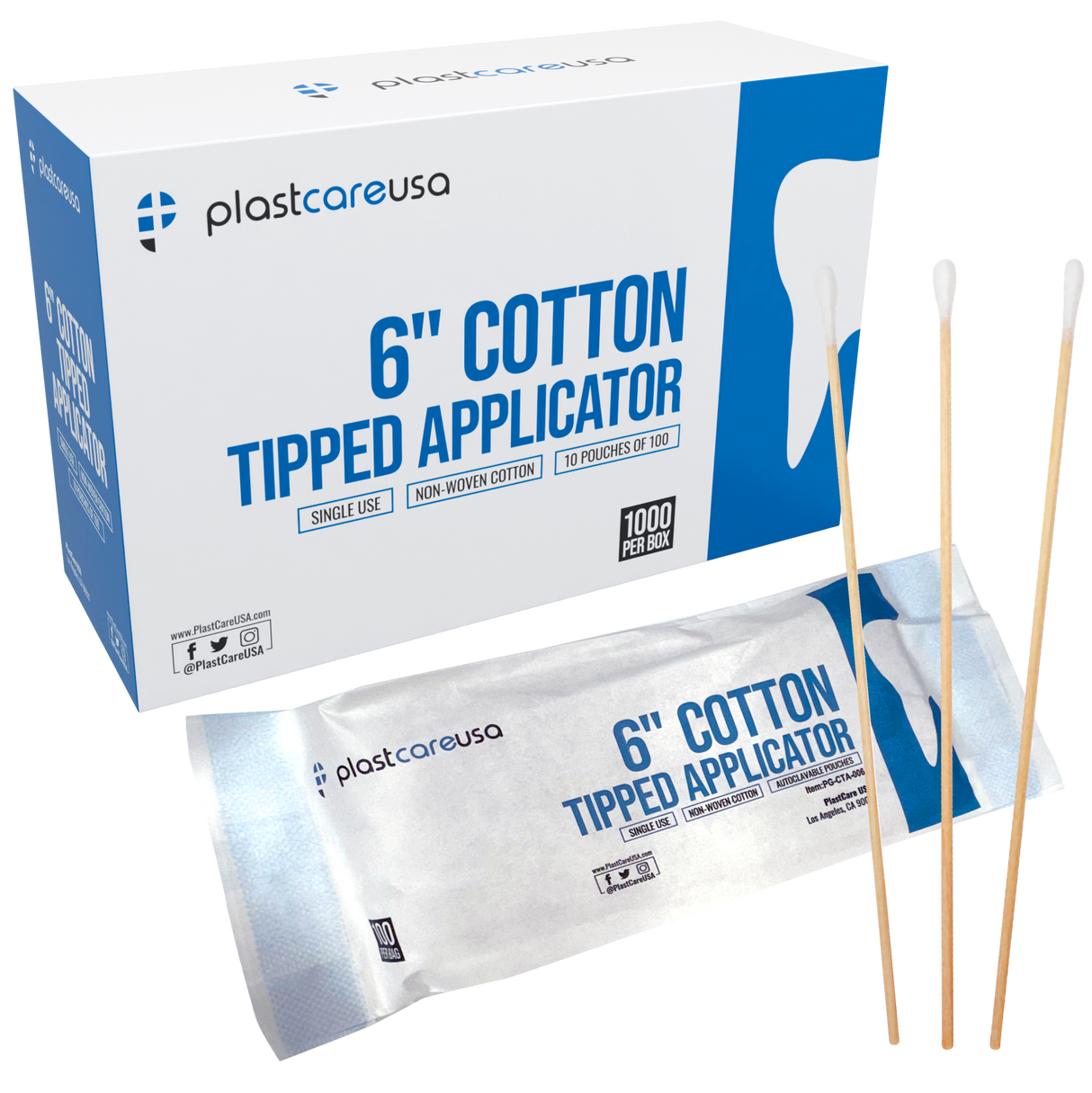 6" Cotton Tip Applicators by PlastCare USA - Box of 1000 (10 Packs of 100)