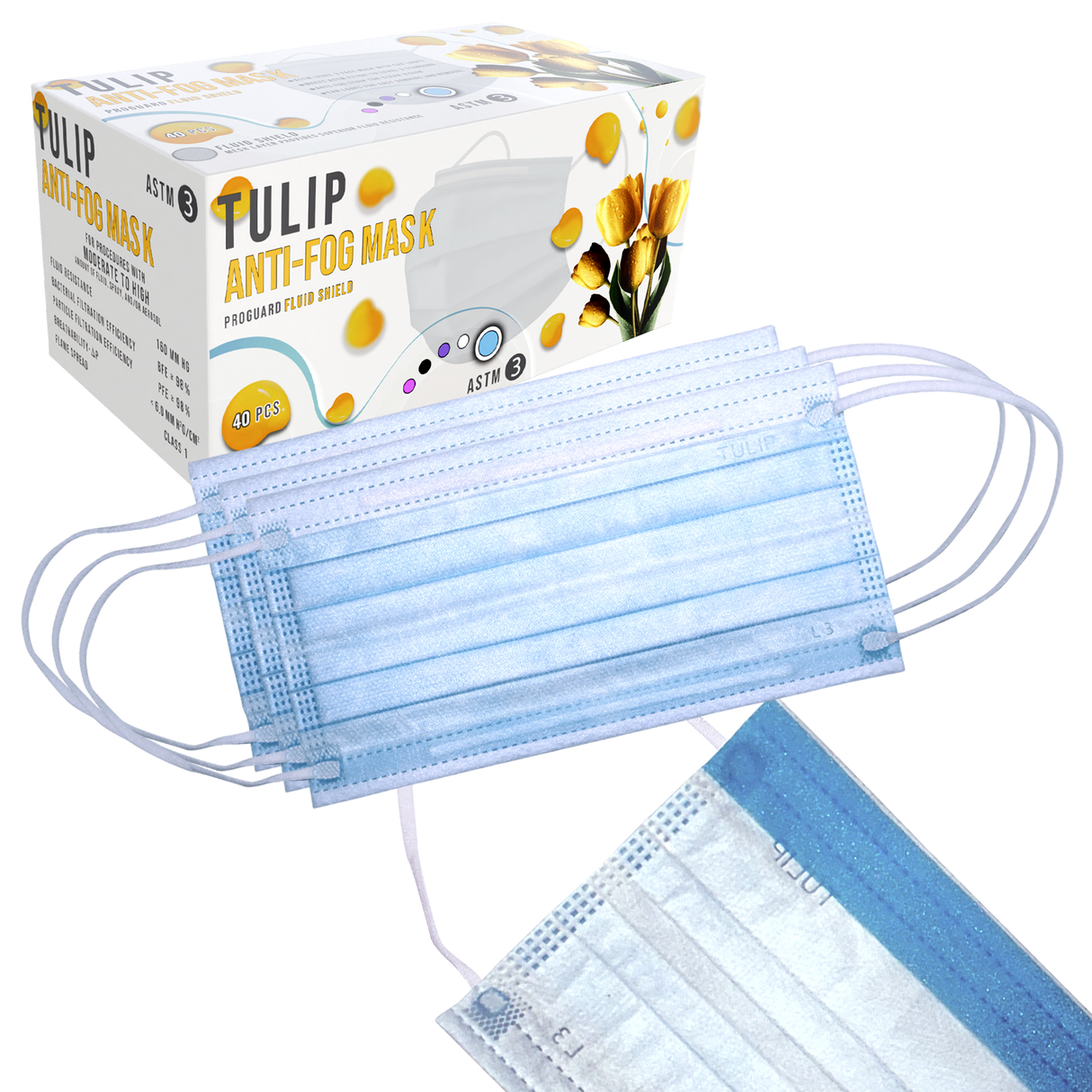40 Blue Fluid Shield ASTM Level 3 Masks 4-Layer w/ Anti Fog Strip