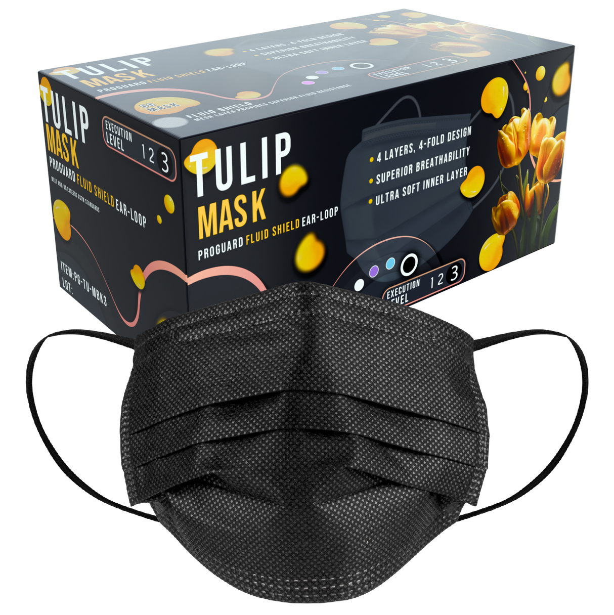 1000 TULIP 4-Ply ASTM Level 3 Black Surgical Masks (20 Boxes of 50) *Bulk Special*