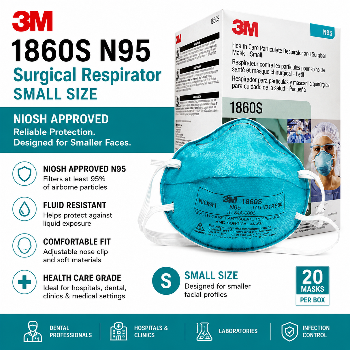 3M Small Size N95 Particulate Respirator & Surgical Mask 1860 S Series (Box of 20) (Small Size)