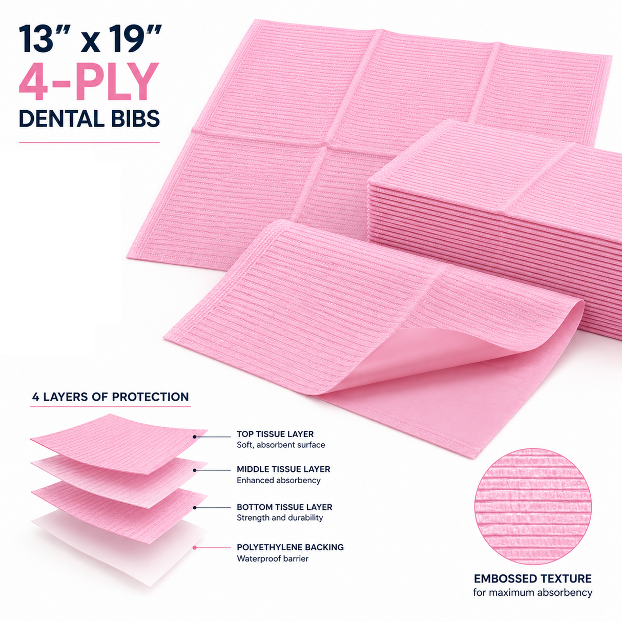 PlastCare USA 13" x 19" Pink 4-Ply Dental Bibs | Waterproof Poly-Backed Disposable Patient Bibs | 500/Case