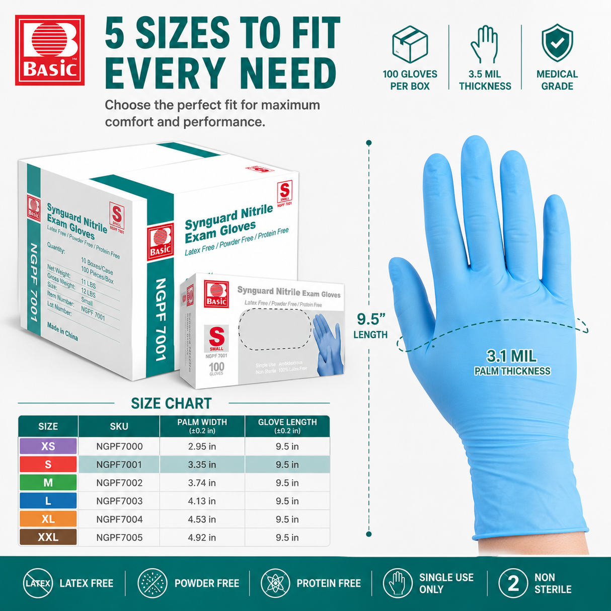 1000 Small Blue Nitrile Exam Gloves, 3.5 Mil, Powder-Free, Latex-Free *PAST DATE 06/2026*