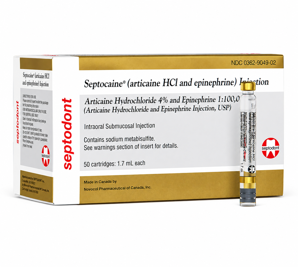 Dental Local Anesthetic – Septocaine Articaine HCL 4% with Epinephrine 1:100,000 Cartridges Box of 50 - 1.7 mL