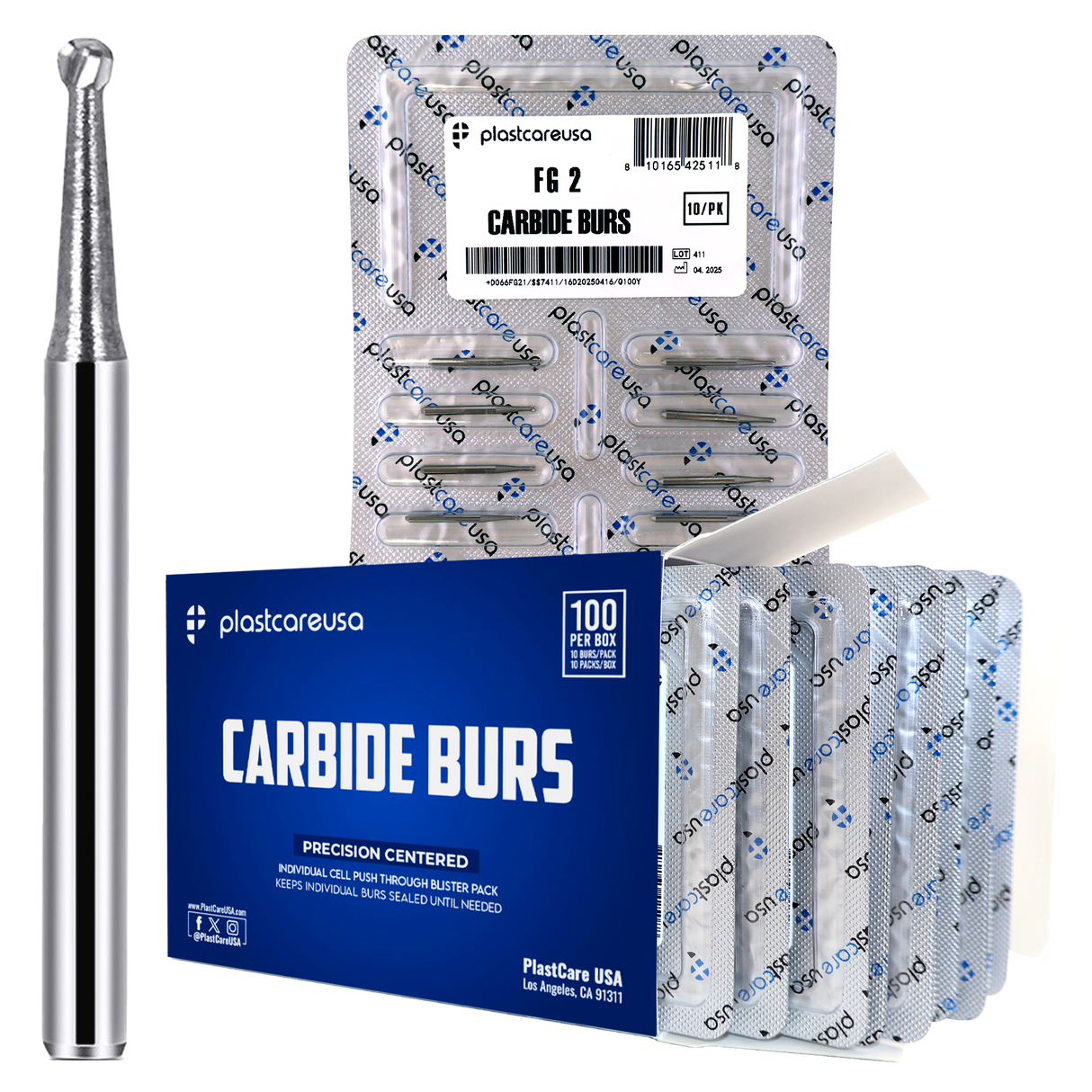 PlastCare USA FG 2 Round Clinical Length Carbide Burs - 100 Pack (10 Packs of 10) for High-Speed Handpieces