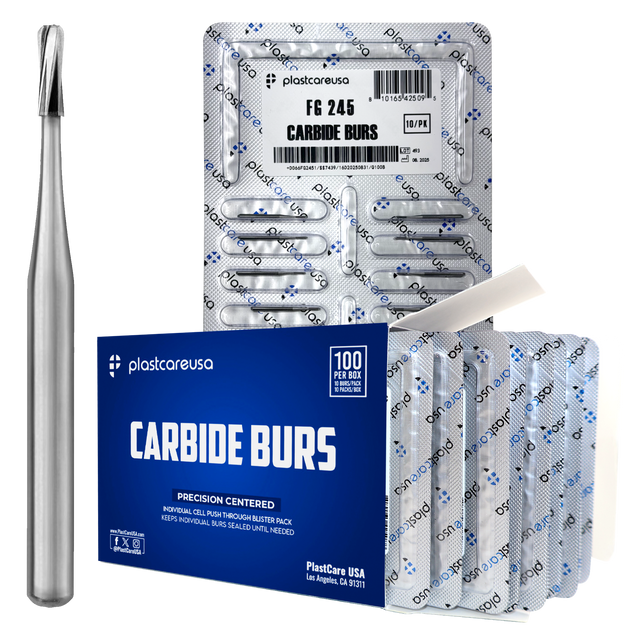 PlastCare USA FG 245 Pear-Shaped Carbide Burs – 100 Pack (10 Packs of 10) for High-Speed Handpieces - My DDS Supply
