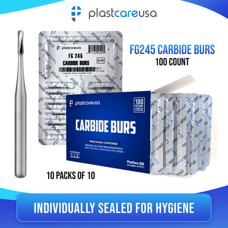 PlastCare USA FG 245 Pear-Shaped Carbide Burs – 100 Pack (10 Packs of 10) for High-Speed Handpieces - My DDS Supply