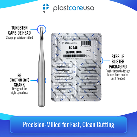 PlastCare USA FG 245 Pear-Shaped Carbide Burs – 100 Pack (10 Packs of 10) for High-Speed Handpieces - My DDS Supply