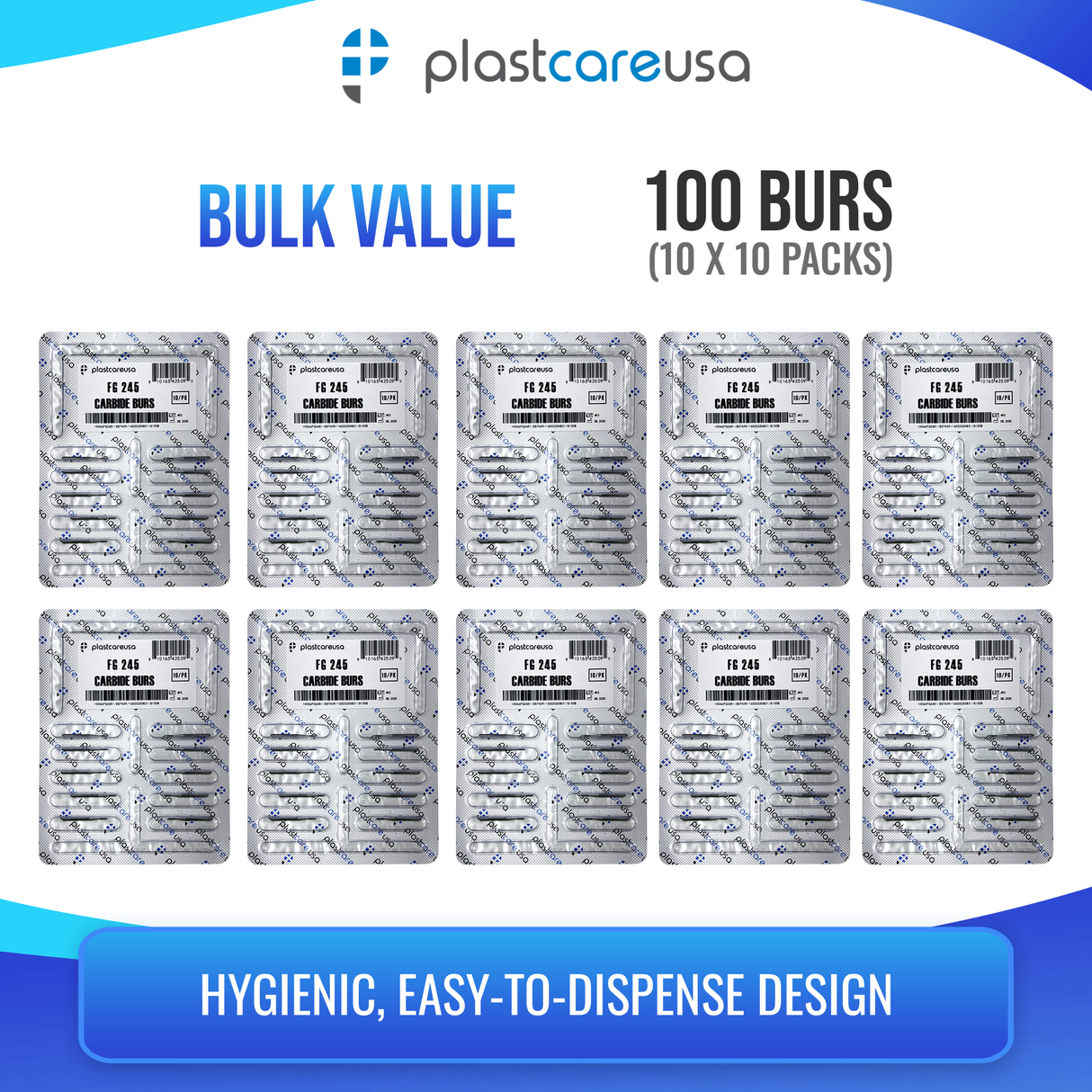 PlastCare USA FG 245 Pear-Shaped Carbide Burs – 100 Pack (10 Packs of 10) for High-Speed Handpieces - My DDS Supply