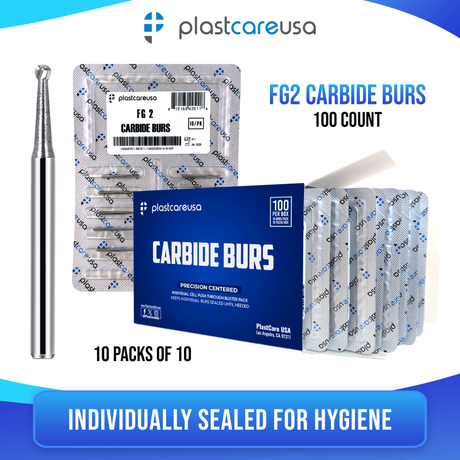 PlastCare USA FG 2 Round Clinical Length Carbide Burs - 100 Pack (10 Packs of 10) for High-Speed Handpieces